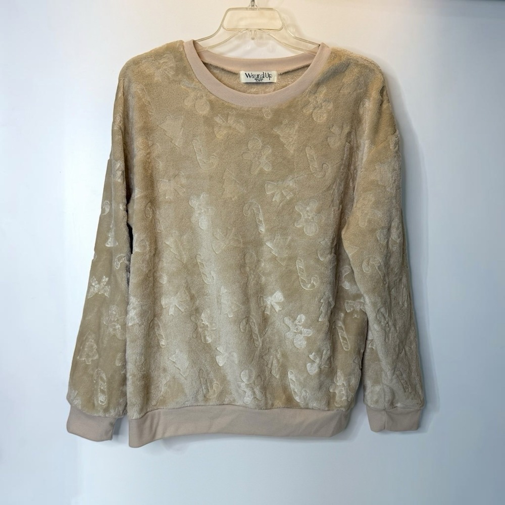 Wound Up Christmas Embossed Pullover Beige Soft Faux Fur Juniors XL 15-17